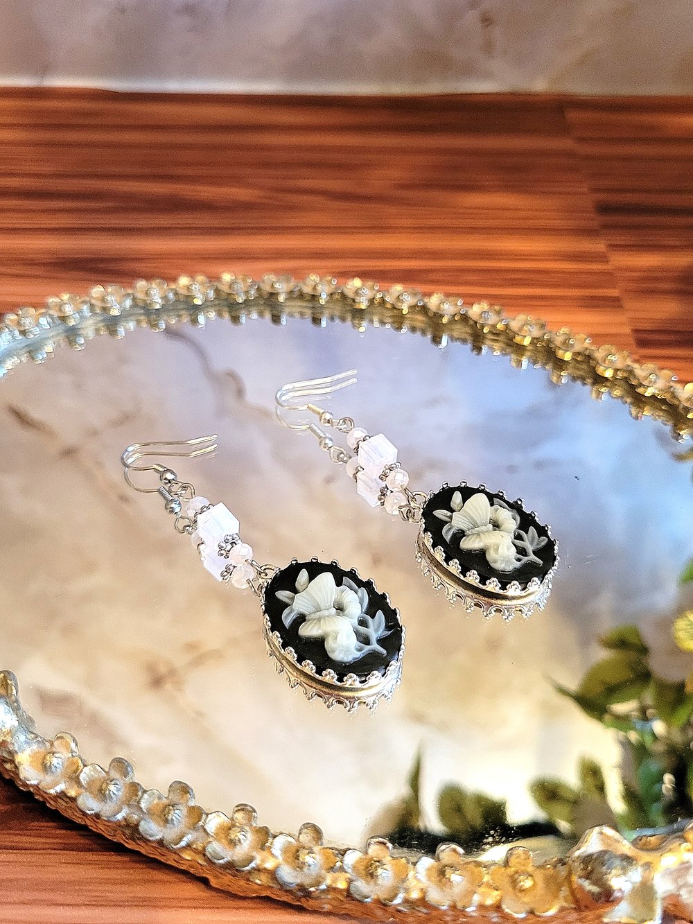 Image of Black and White Butterfly Cameo Dangle Earrings with Pink Accents