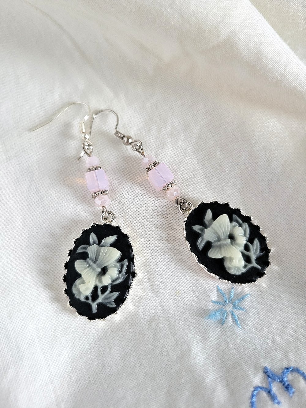 Image of Black and White Butterfly Cameo Dangle Earrings with Pink Accents