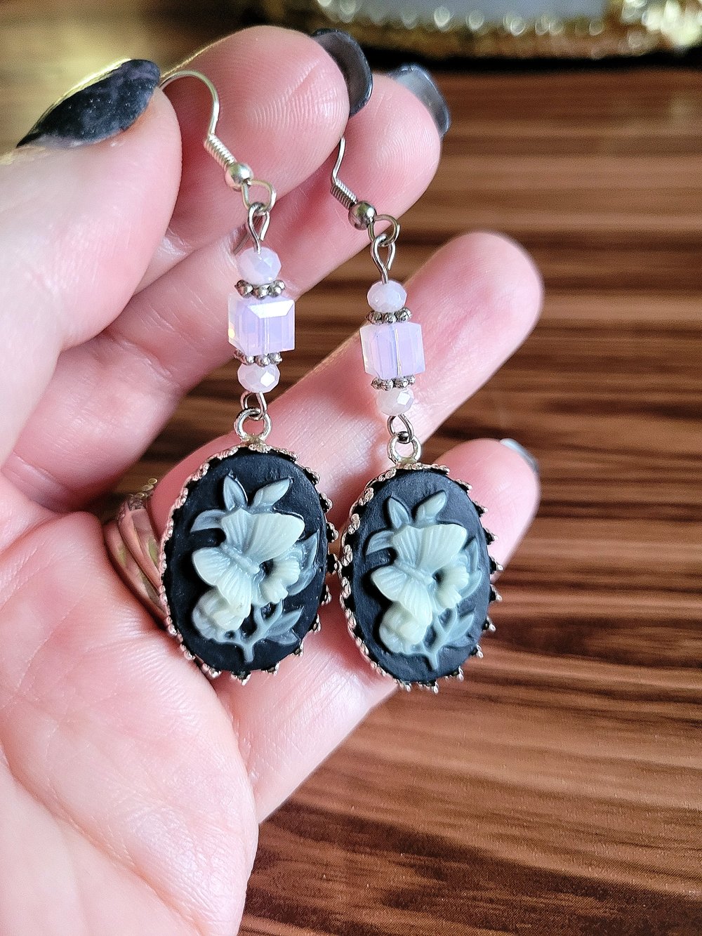 Image of Black and White Butterfly Cameo Dangle Earrings with Pink Accents