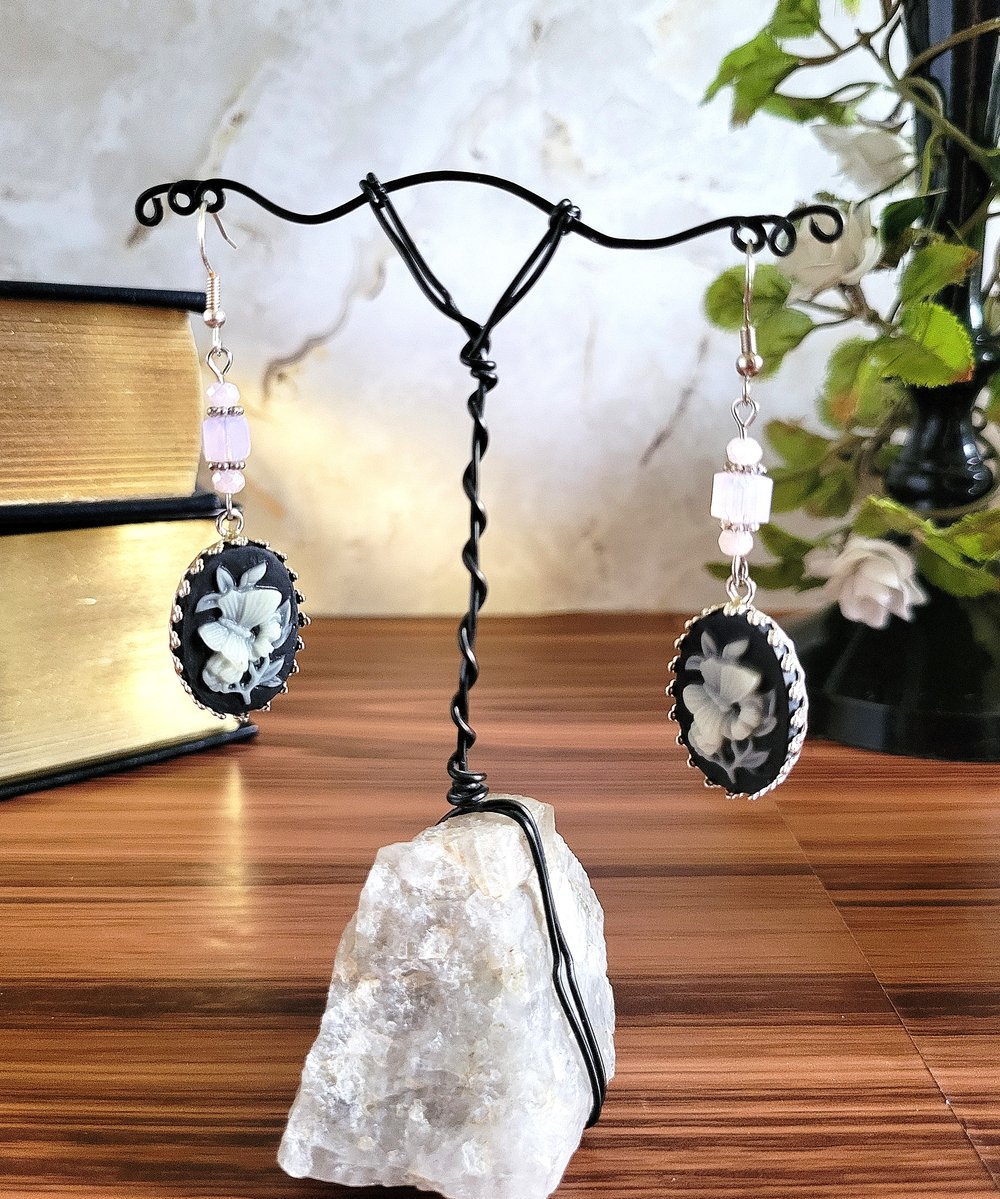 Image of Black and White Butterfly Cameo Dangle Earrings with Pink Accents