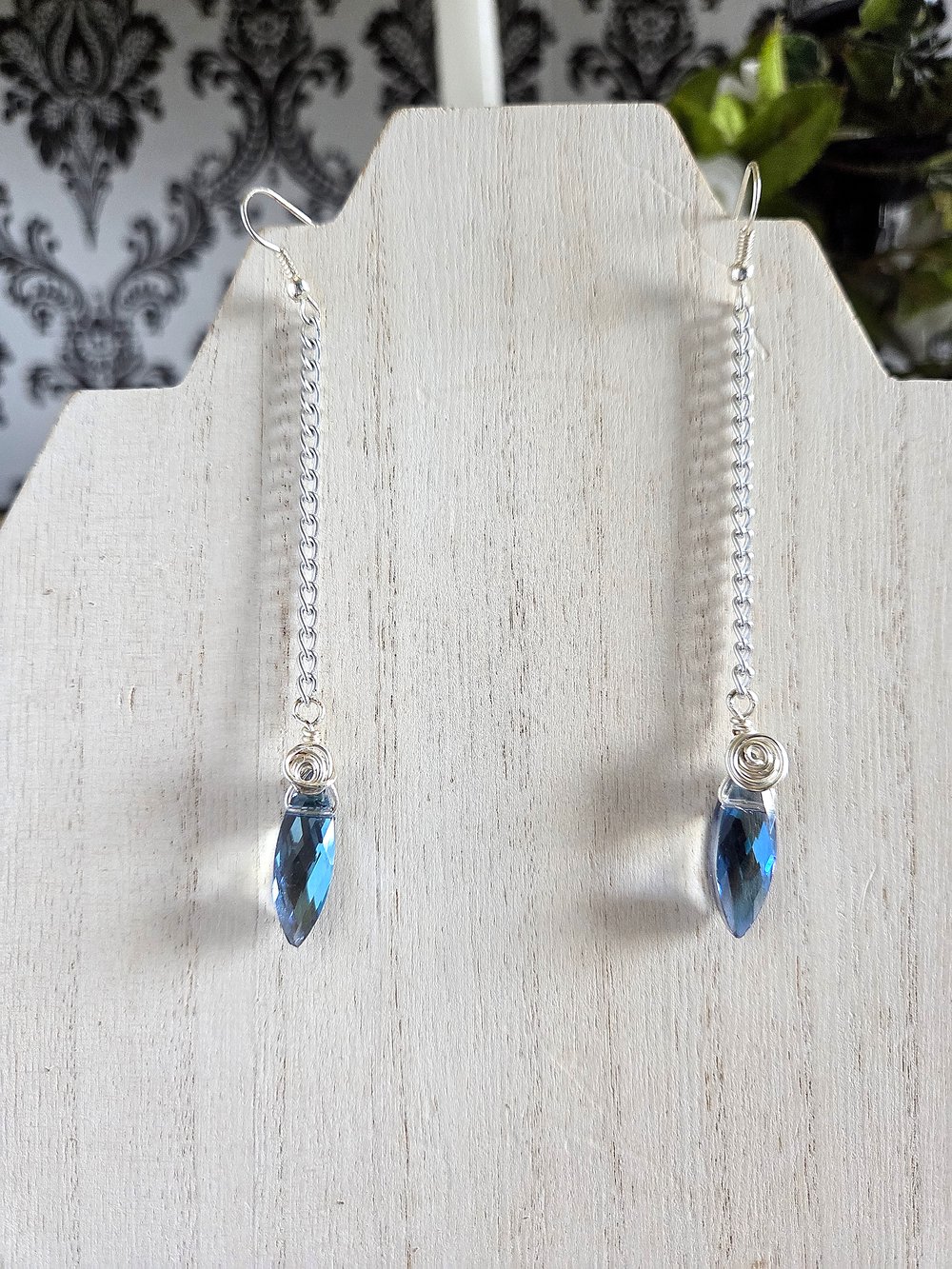 Image of Blue Diamond Dagger Earrings with Wire Rose Detail