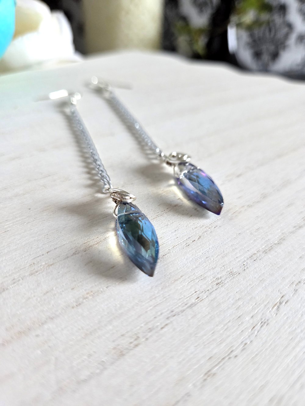 Image of Blue Diamond Dagger Earrings with Wire Rose Detail