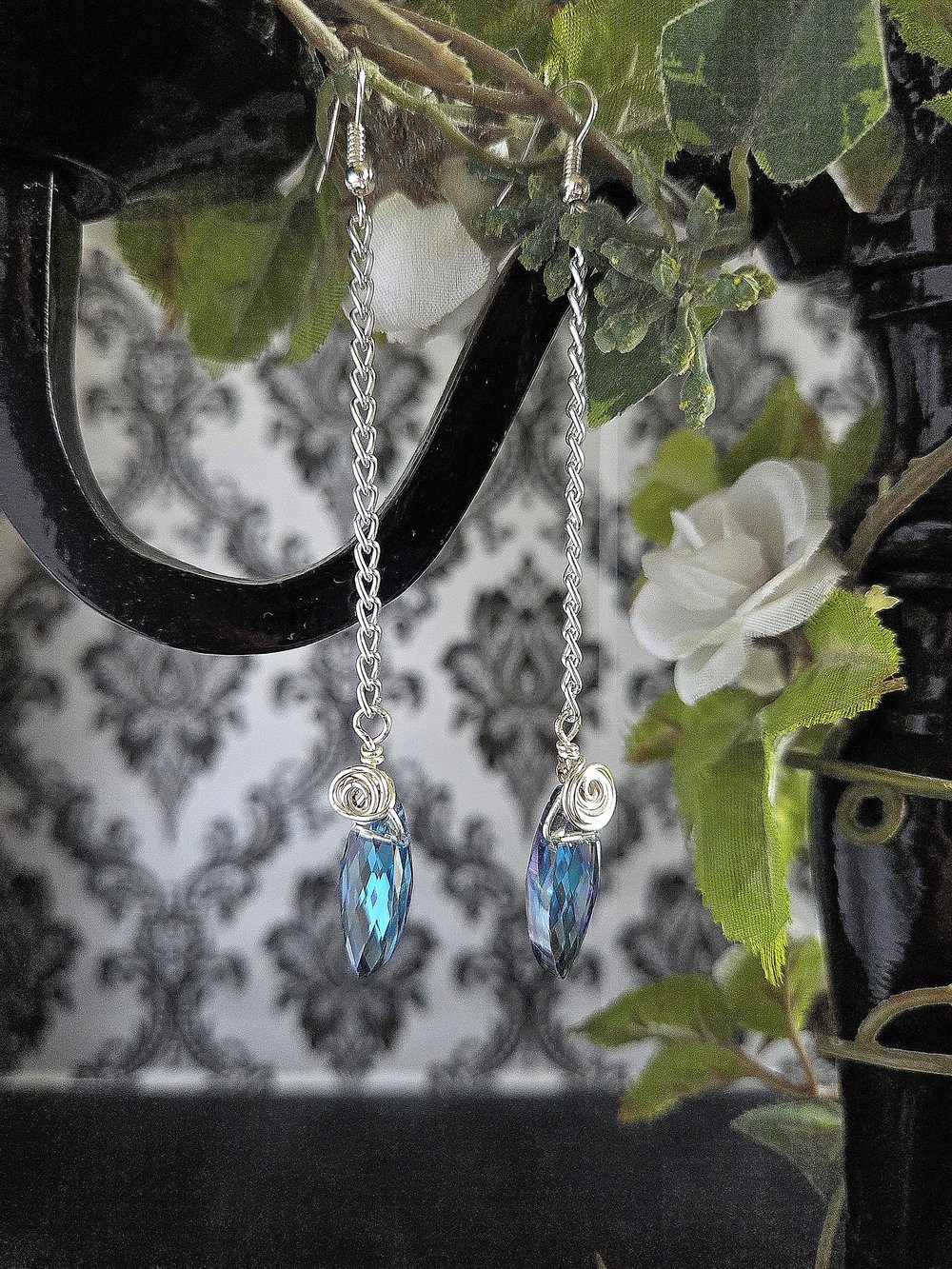 Image of Blue Diamond Dagger Earrings with Wire Rose Detail