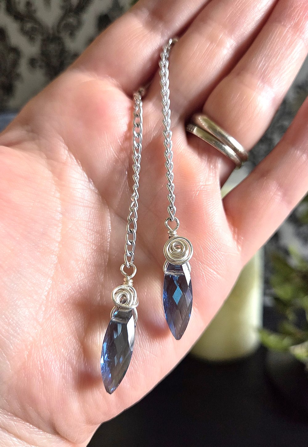 Image of Blue Diamond Dagger Earrings with Wire Rose Detail