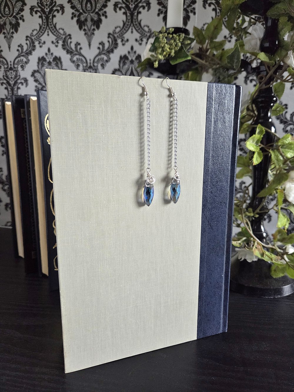 Image of Blue Diamond Dagger Earrings with Wire Rose Detail