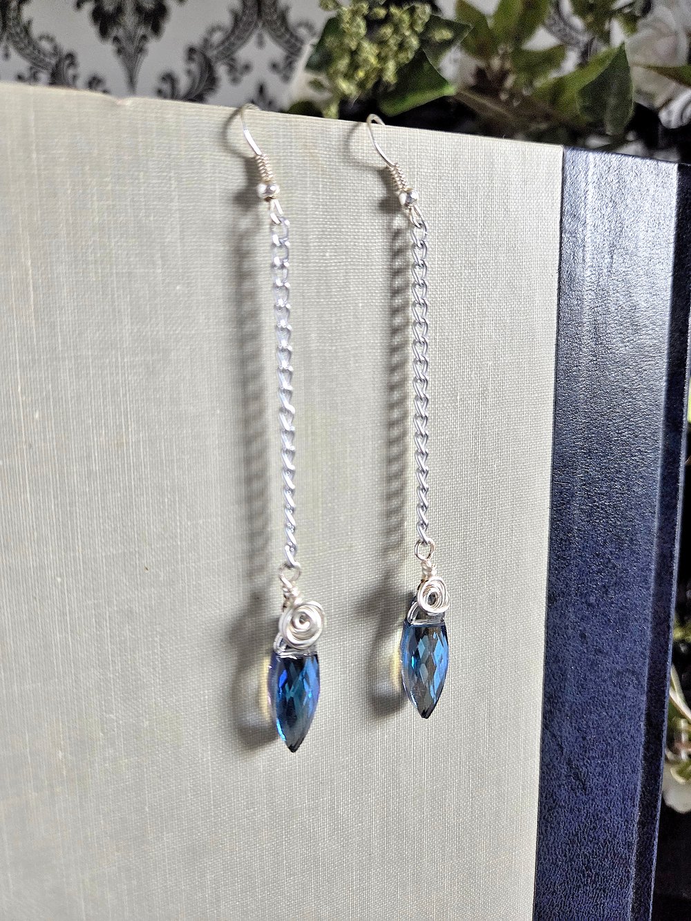 Image of Blue Diamond Dagger Earrings with Wire Rose Detail