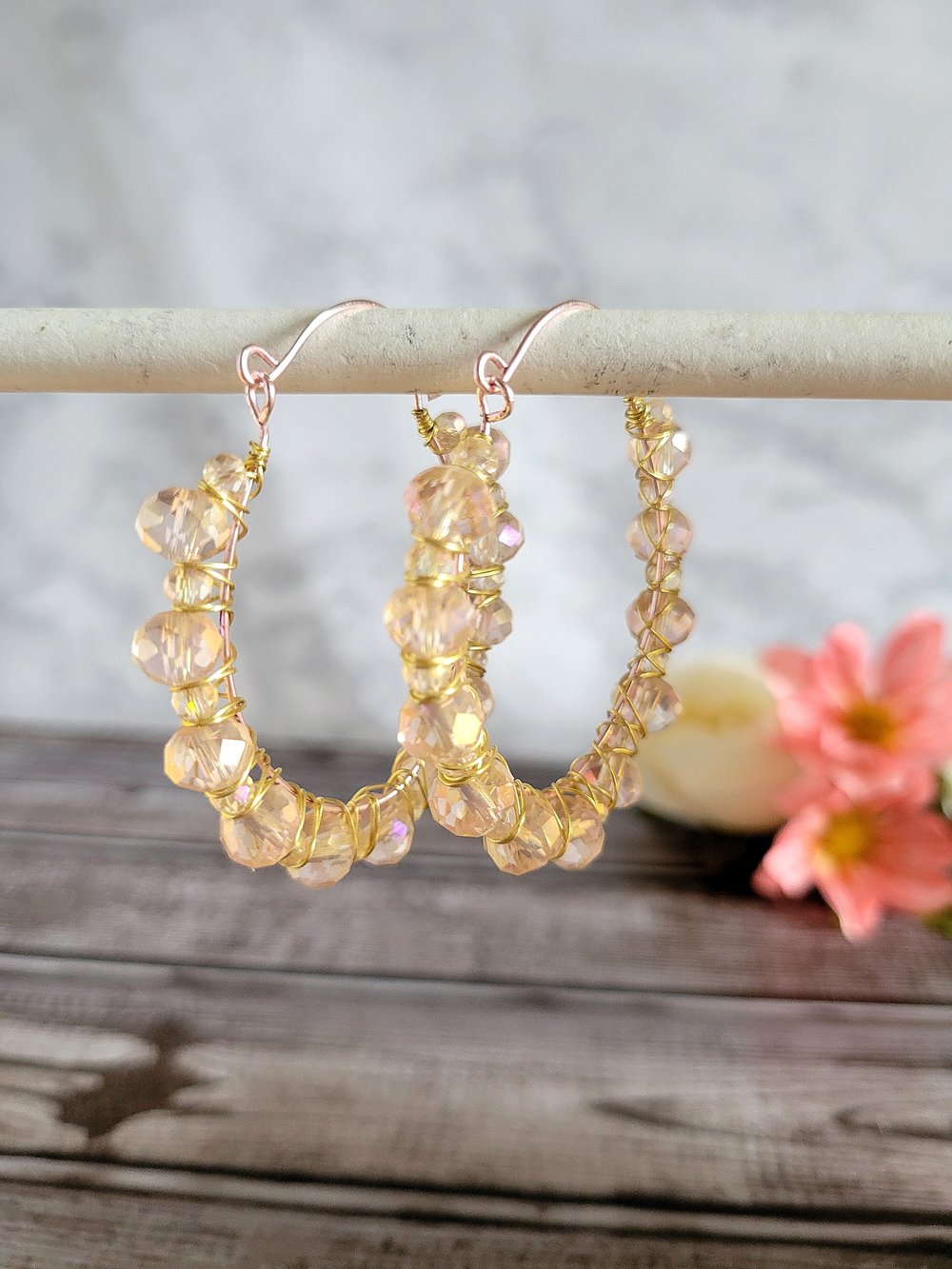 Image of Handmade Wire-wrapped Beaded Hoop Earrings-Large