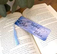 Handmade Unplug...Relax... Dandelion Bookmark with Tassel, metal, book, reading, page, blue