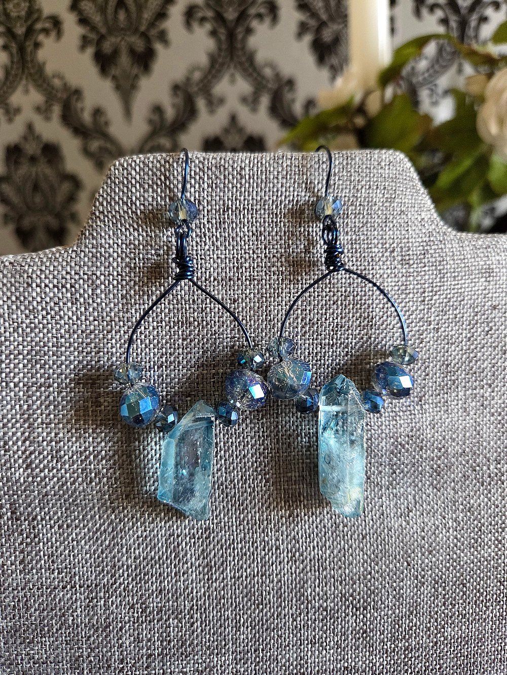 Image of Blue Quartz Wire-Wrapped Hoop Earrings