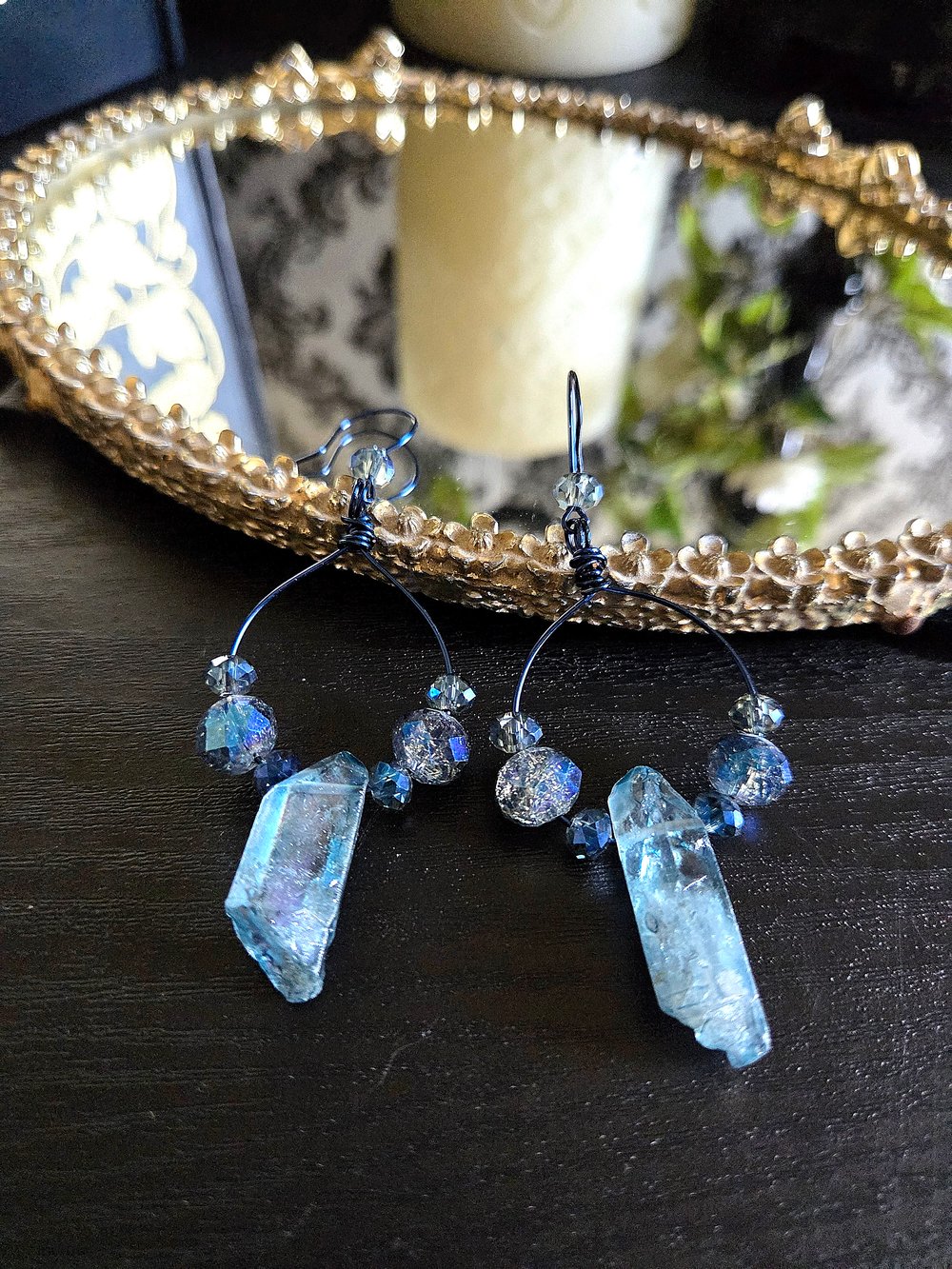 Image of Blue Quartz Wire-Wrapped Hoop Earrings