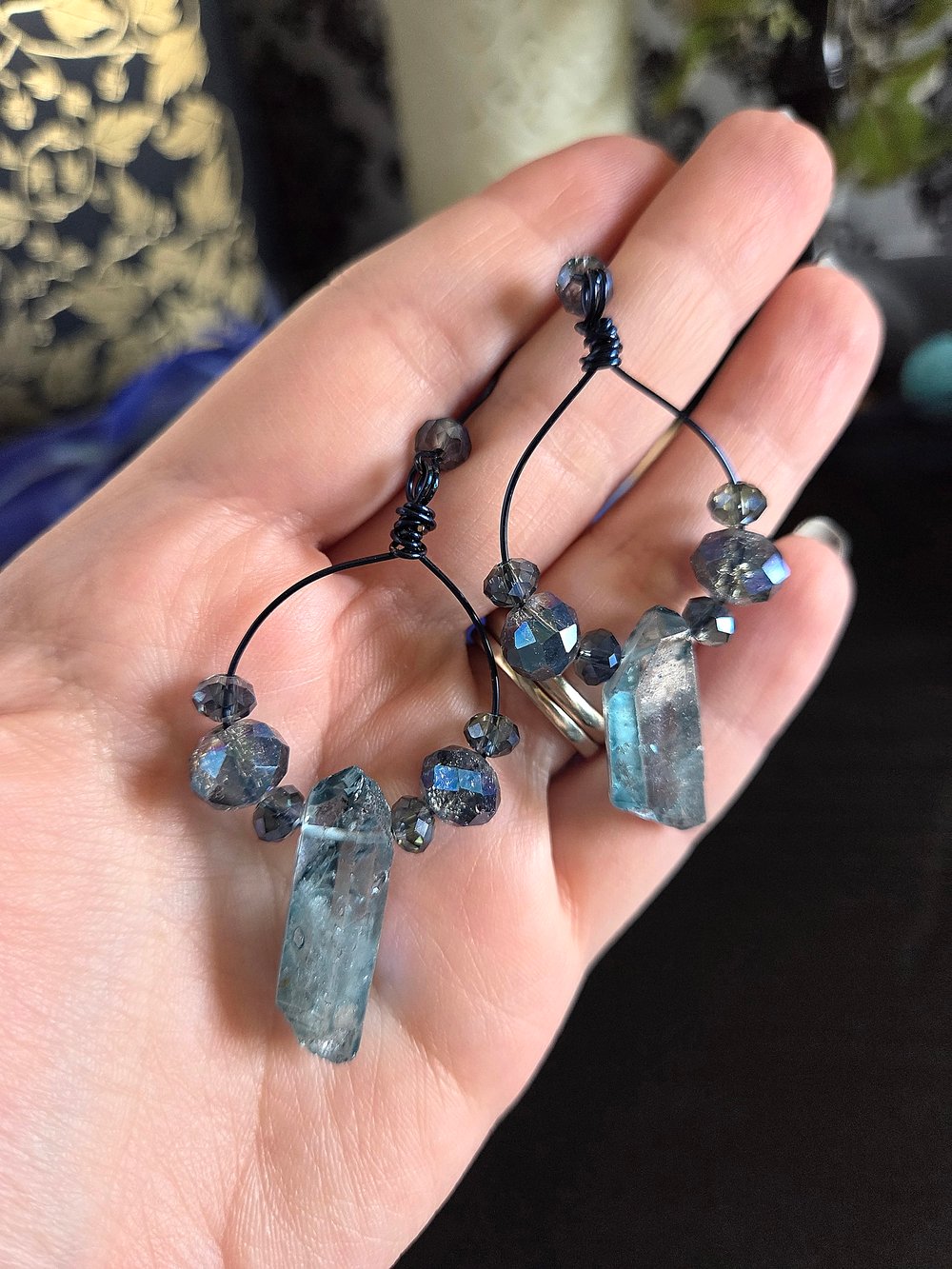 Image of Blue Quartz Wire-Wrapped Hoop Earrings