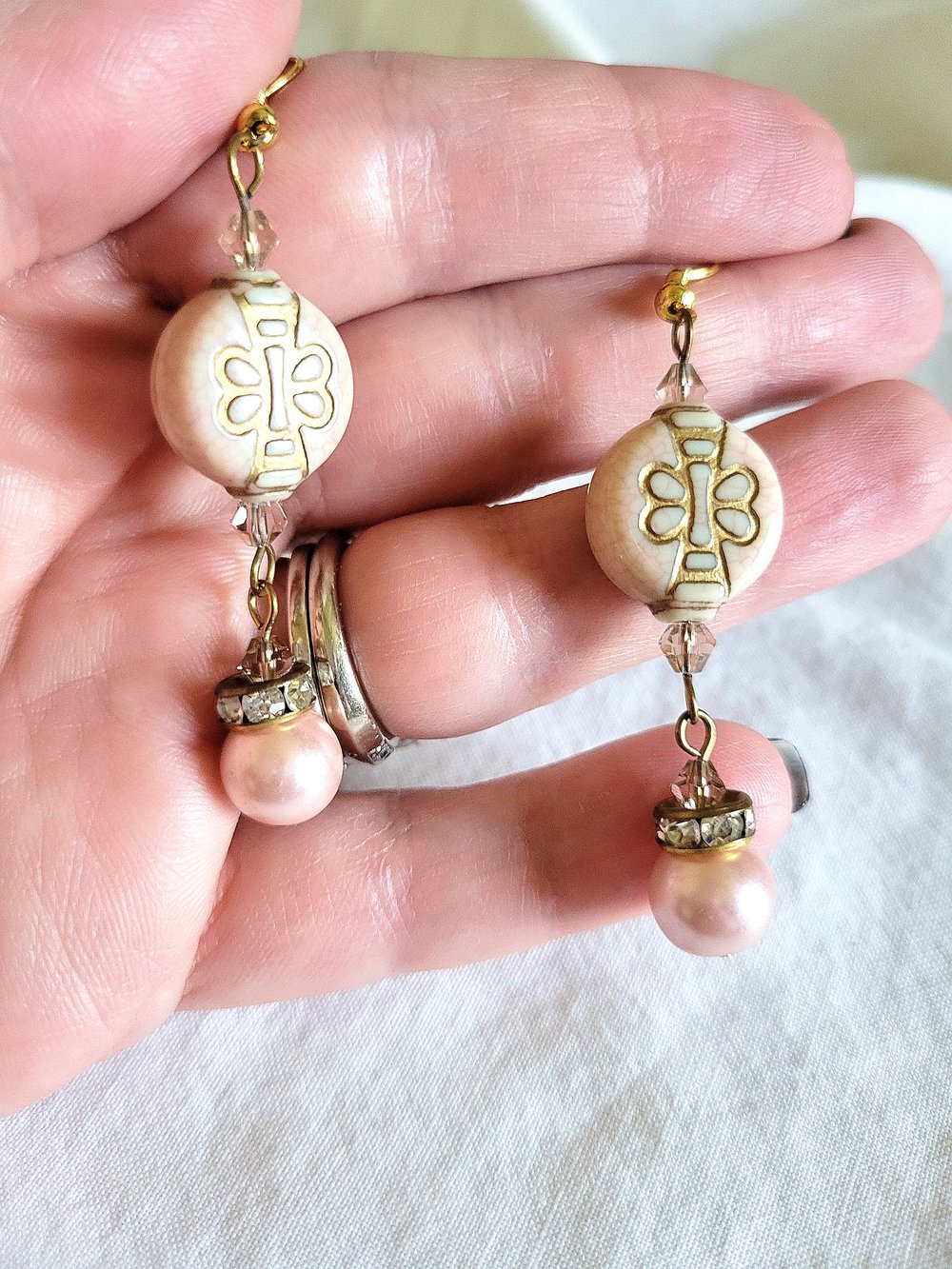 Image of Pink Beaded Dangle Earrings with Gold Butterfly Design