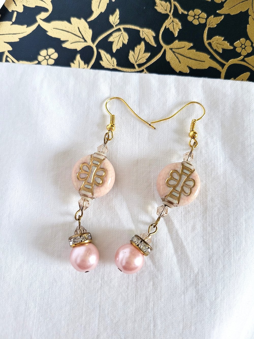 Image of Pink Beaded Dangle Earrings with Gold Butterfly Design