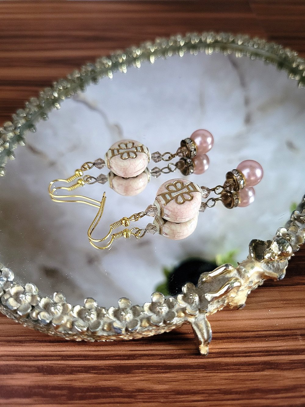 Image of Pink Beaded Dangle Earrings with Gold Butterfly Design