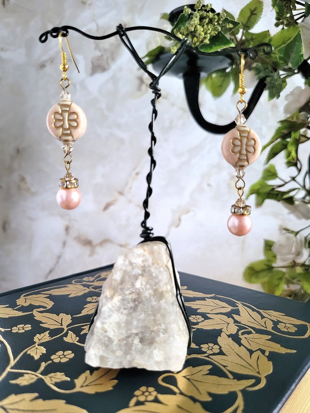 Image of Pink Beaded Dangle Earrings with Gold Butterfly Design