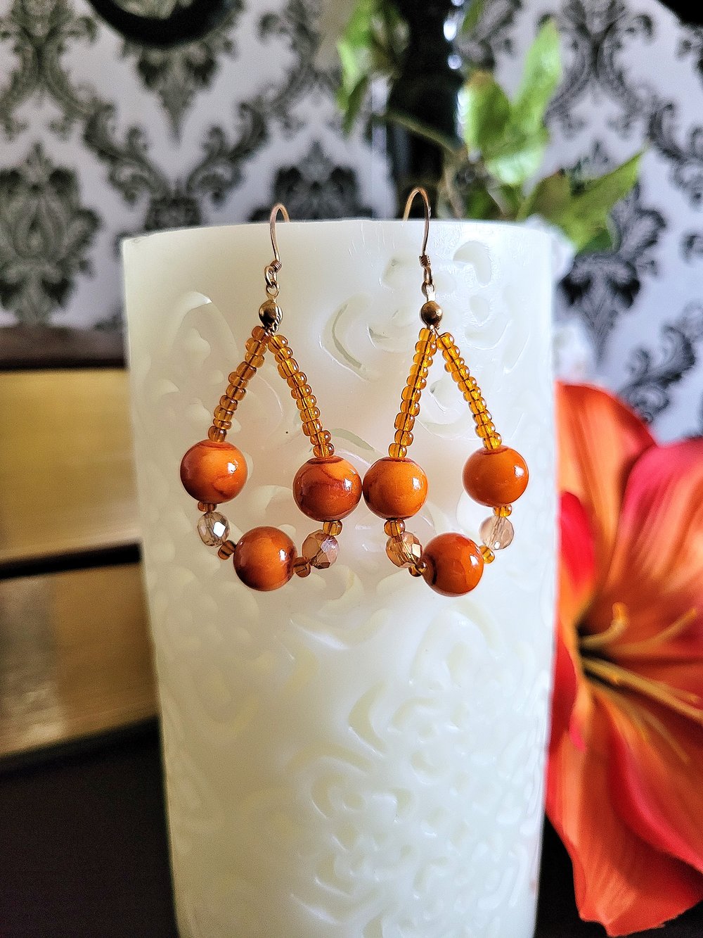 Image of Orange Marble Beaded Teardrop Hoop Earrings