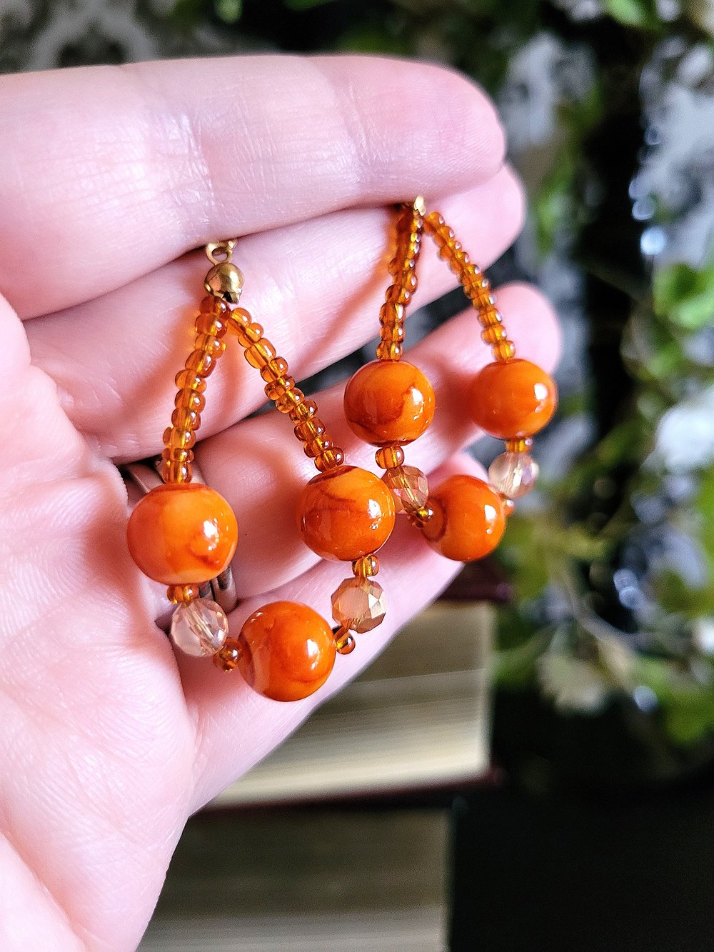 Image of Orange Marble Beaded Teardrop Hoop Earrings