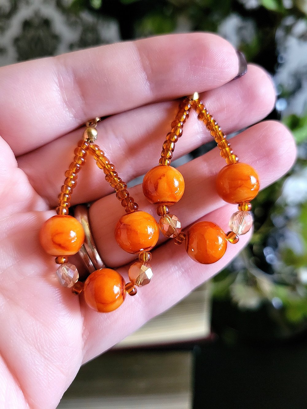 Image of Orange Marble Beaded Teardrop Hoop Earrings