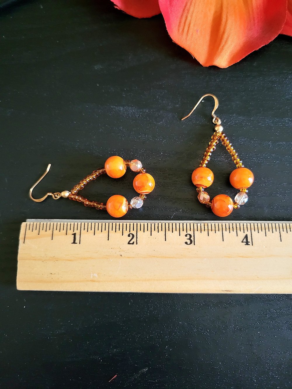 Image of Orange Marble Beaded Teardrop Hoop Earrings