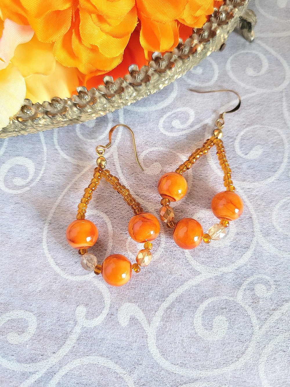 Image of Orange Marble Beaded Teardrop Hoop Earrings
