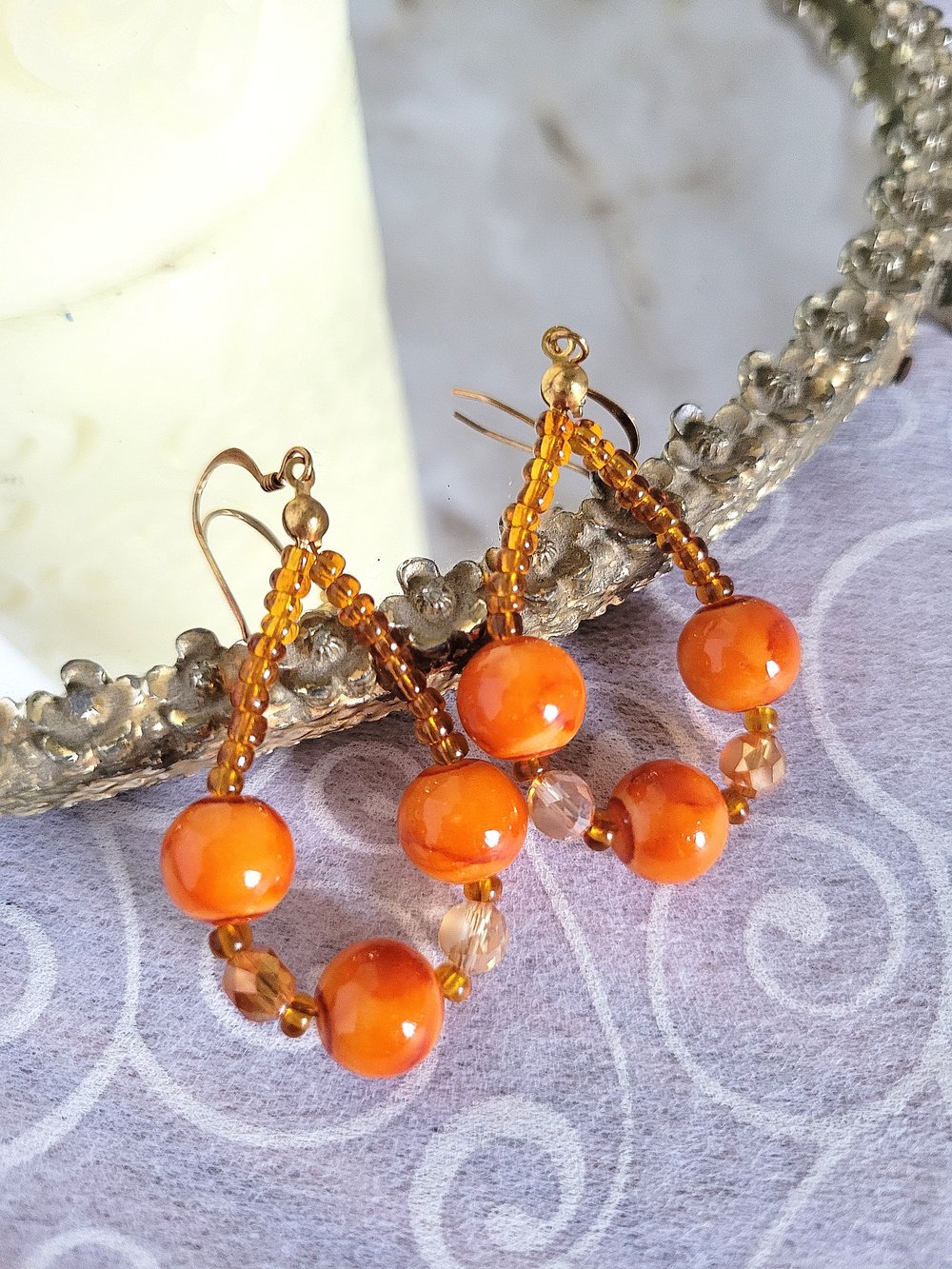 Image of Orange Marble Beaded Teardrop Hoop Earrings