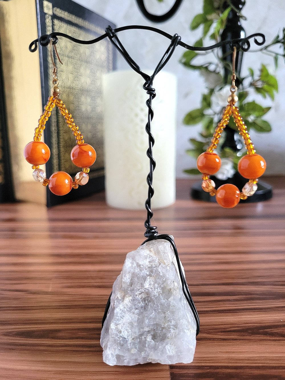 Image of Orange Marble Beaded Teardrop Hoop Earrings