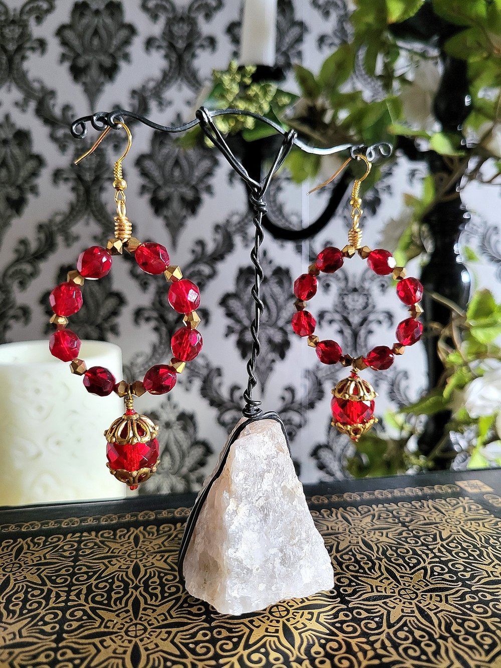 Image of Red Beaded Hoop Earrings with Dangle