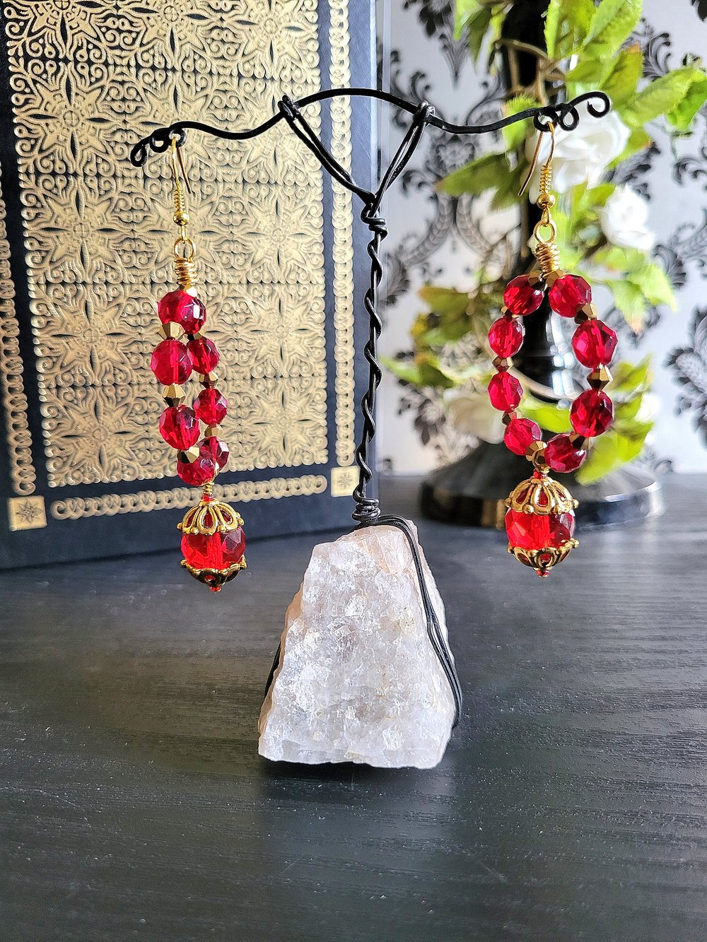 Image of Red Beaded Hoop Earrings with Dangle