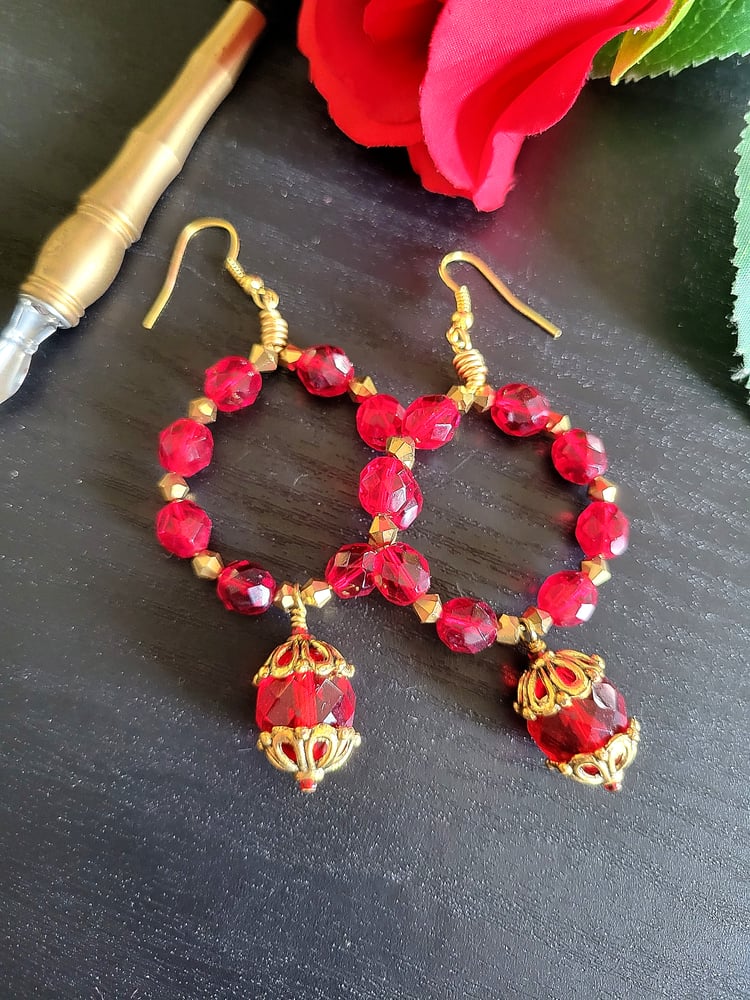 Image of Red Beaded Hoop Earrings with Dangle