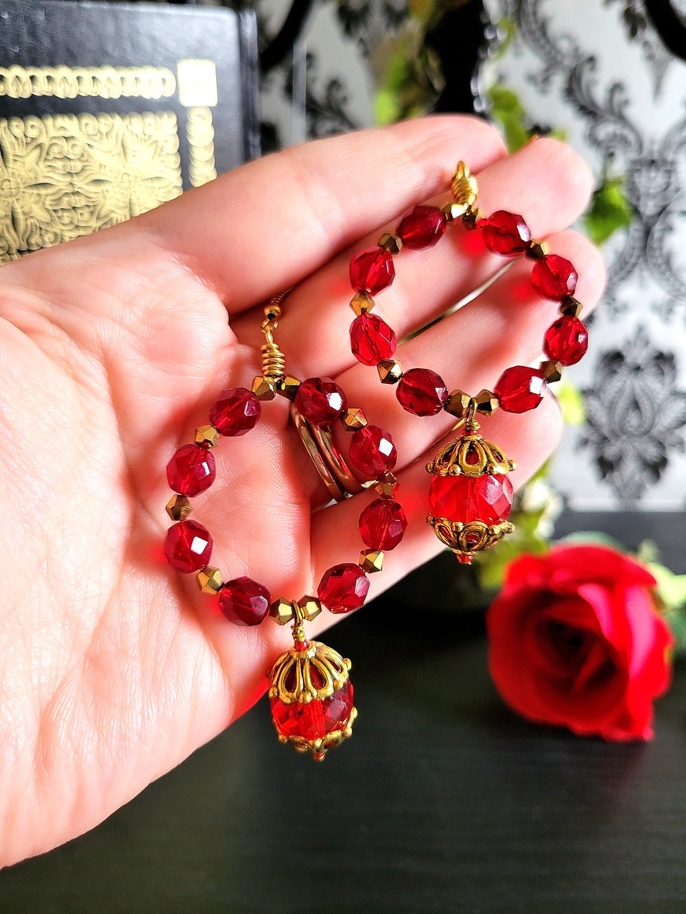 Image of Red Beaded Hoop Earrings with Dangle