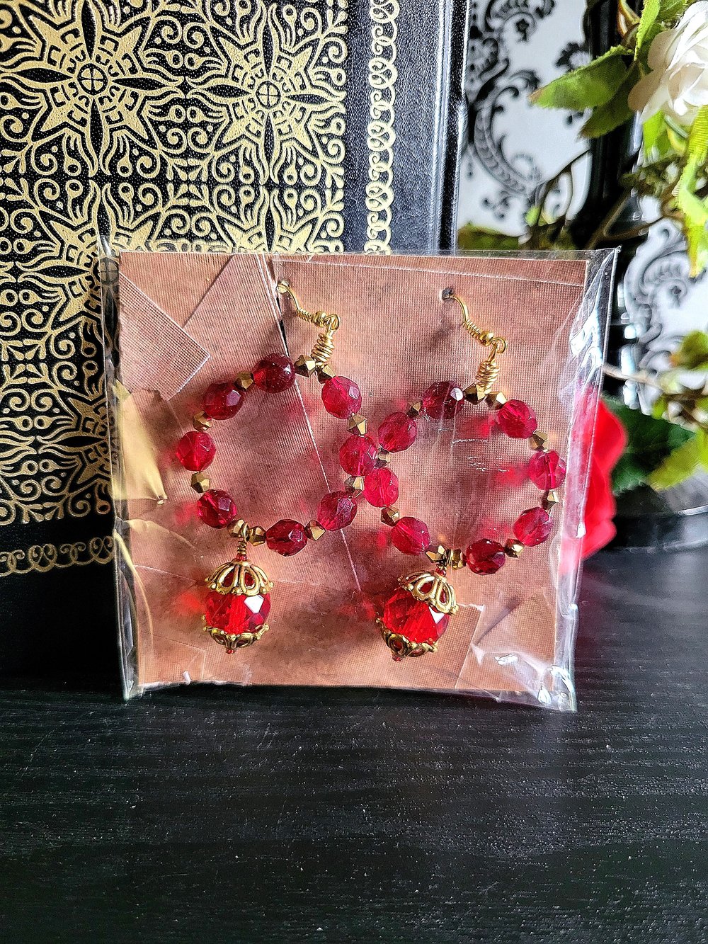Image of Red Beaded Hoop Earrings with Dangle