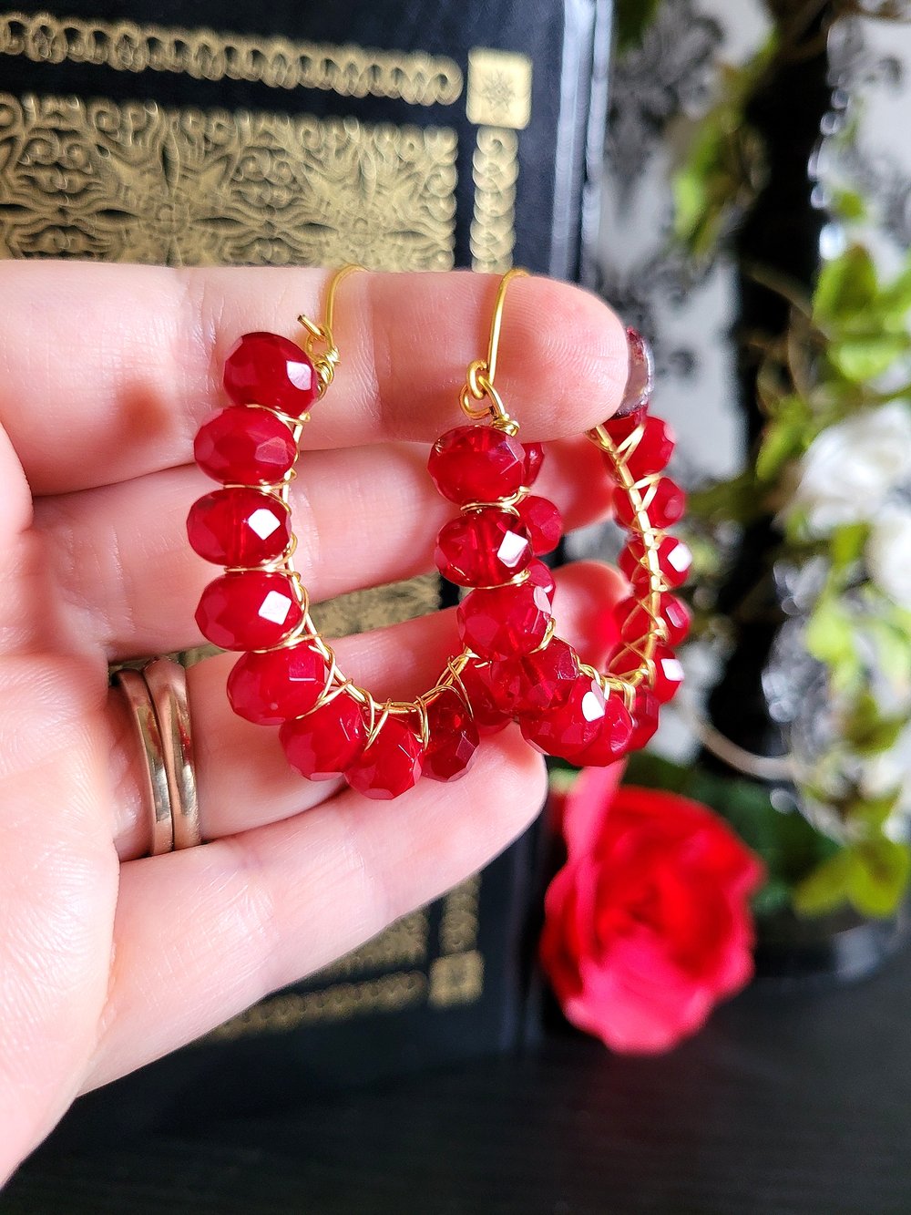 Image of Handmade Gold and Red Wire-Wrapped Hoop Earrings