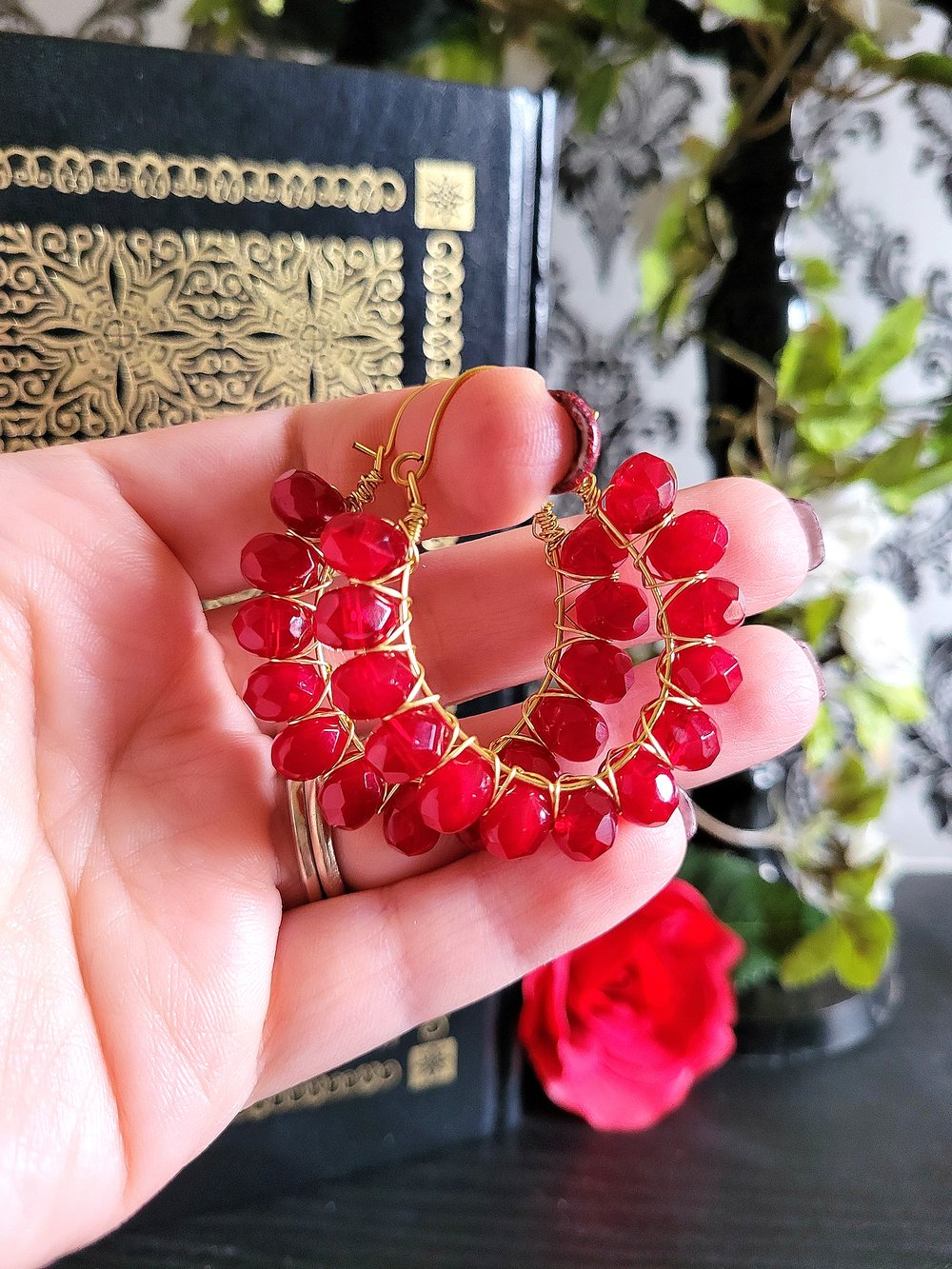 Image of Handmade Gold and Red Wire-Wrapped Hoop Earrings