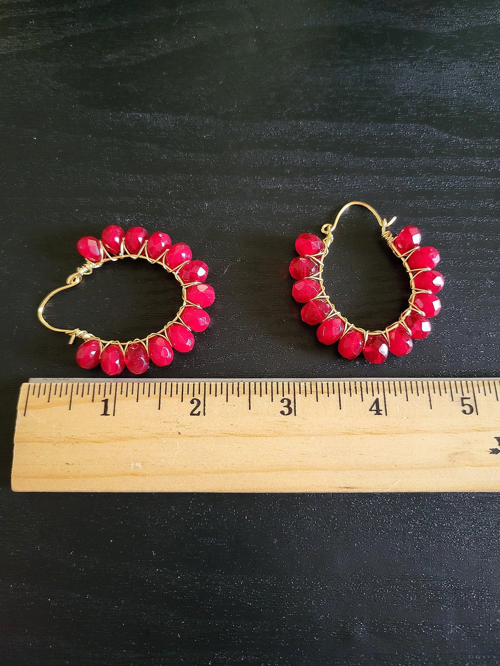 Image of Handmade Gold and Red Wire-Wrapped Hoop Earrings