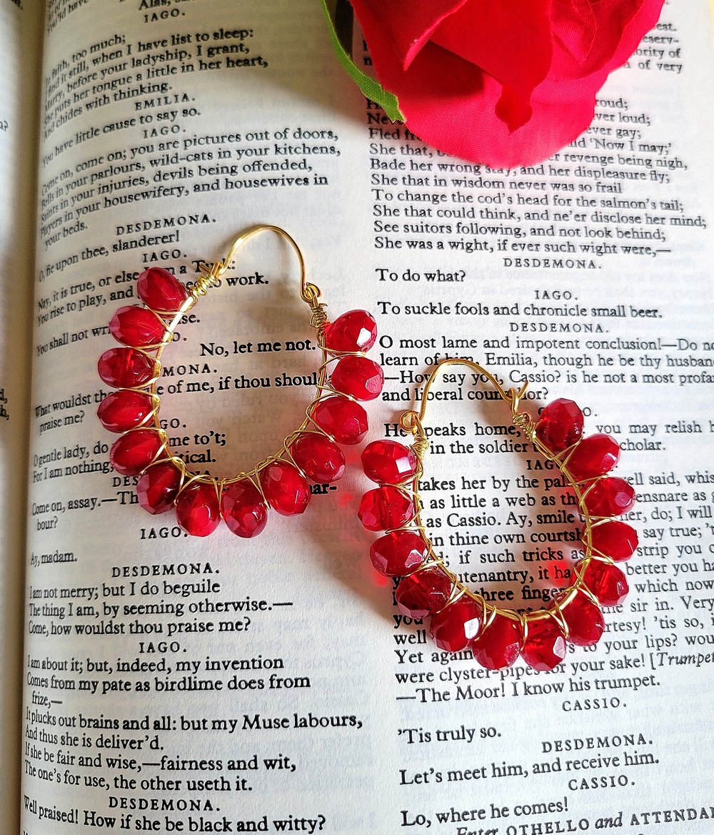 Image of Handmade Gold and Red Wire-Wrapped Hoop Earrings