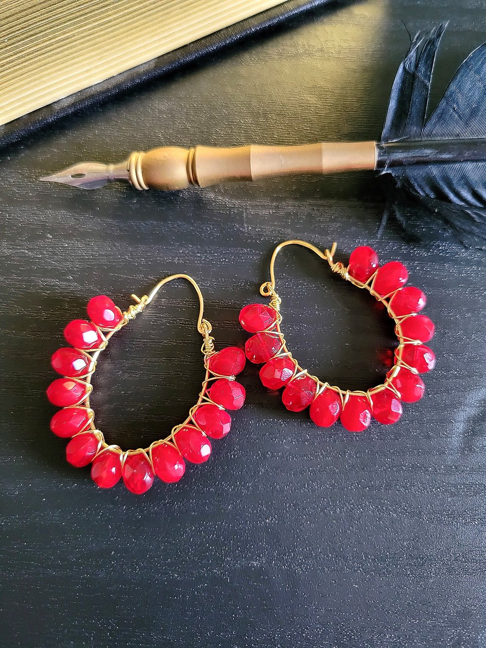 Image of Handmade Gold and Red Wire-Wrapped Hoop Earrings