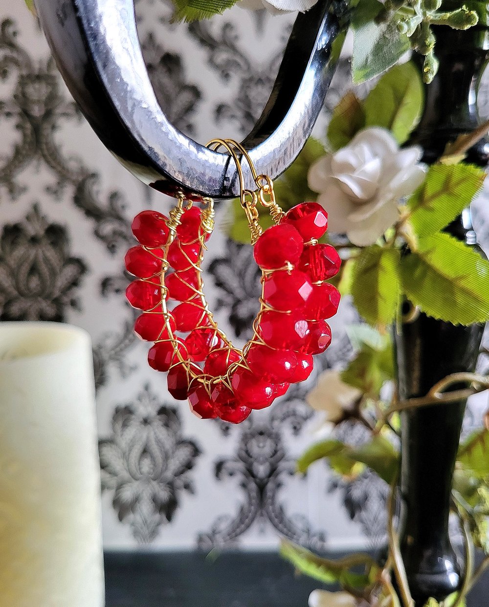 Image of Handmade Gold and Red Wire-Wrapped Hoop Earrings