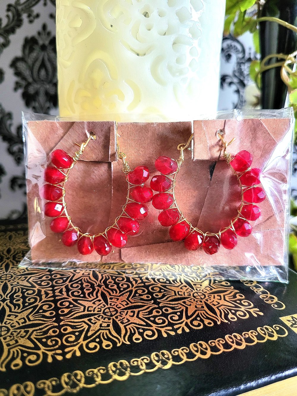 Image of Handmade Gold and Red Wire-Wrapped Hoop Earrings