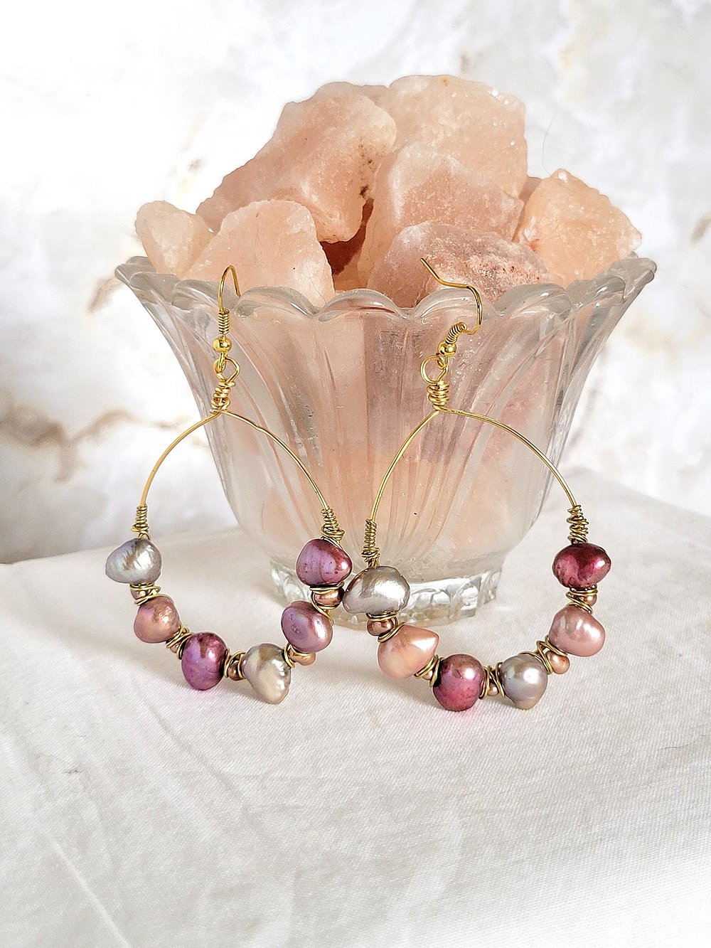 Image of Gold Hoop Wire Wrapped Pearl Earrings