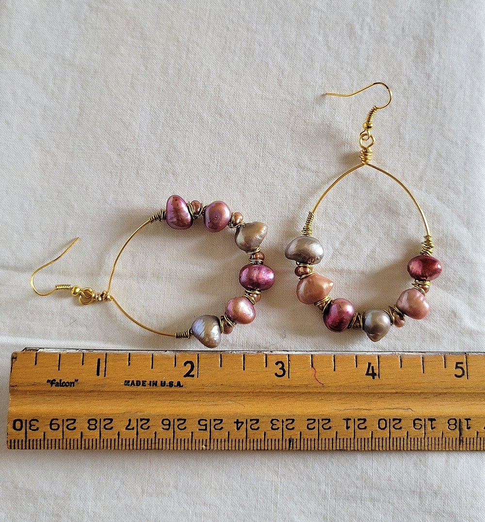 Image of Gold Hoop Wire Wrapped Pearl Earrings