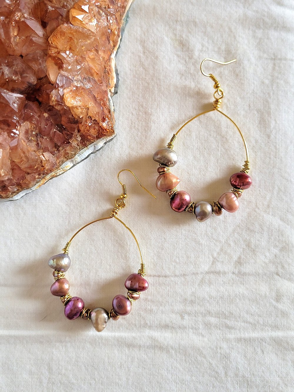 Image of Gold Hoop Wire Wrapped Pearl Earrings
