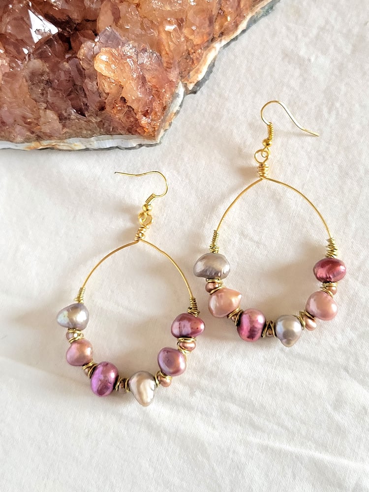 Image of Gold Hoop Wire Wrapped Pearl Earrings