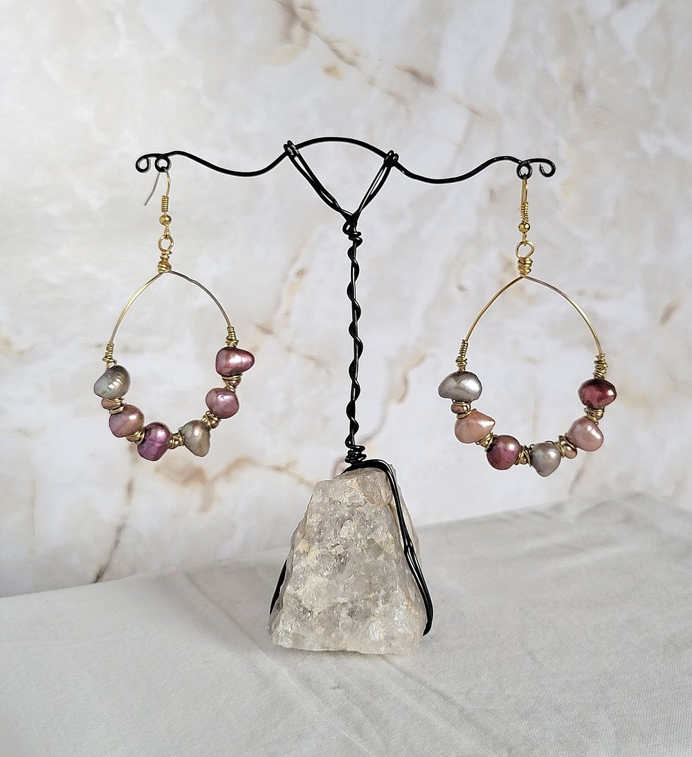 Image of Gold Hoop Wire Wrapped Pearl Earrings