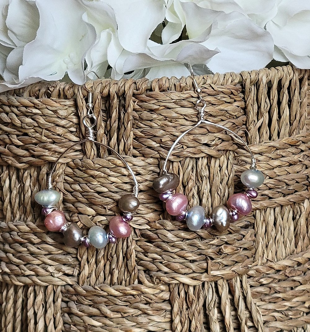 Image of Wire Wrapped Pearl Hoop Earrings