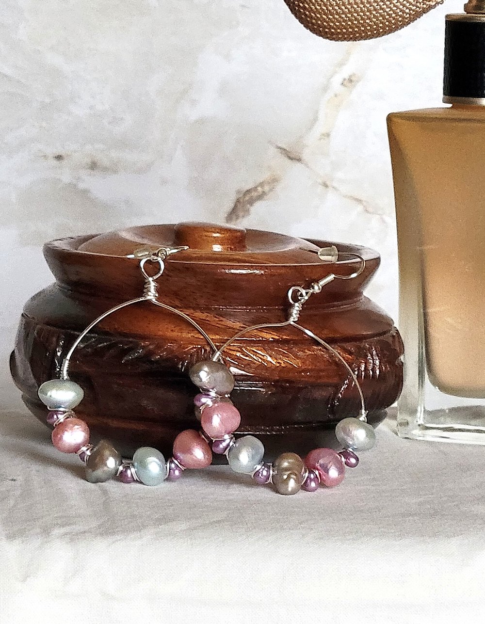 Image of Wire Wrapped Pearl Hoop Earrings