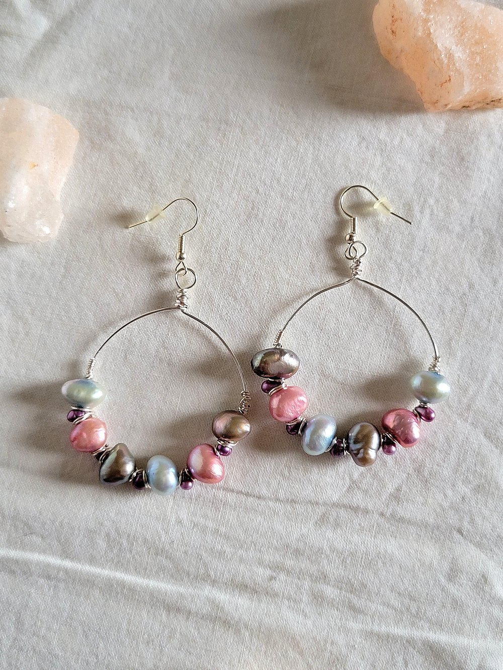 Image of Wire Wrapped Pearl Hoop Earrings