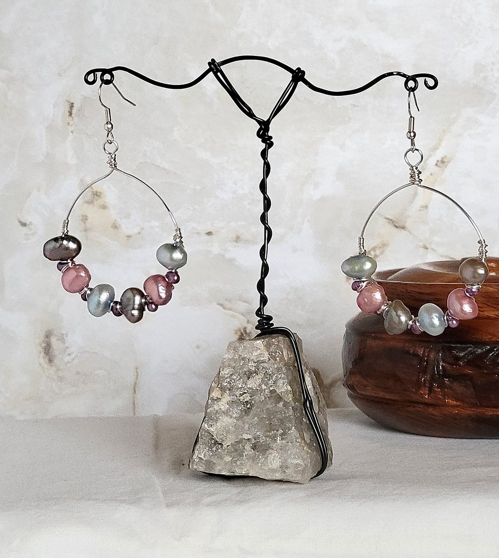 Image of Wire Wrapped Pearl Hoop Earrings