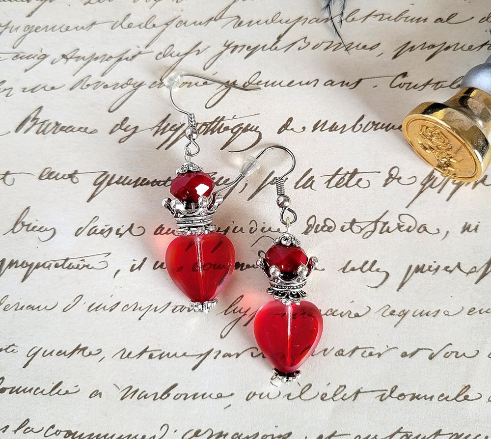 Image of Red Heart and Crown Claddagh-Inspired Earrings