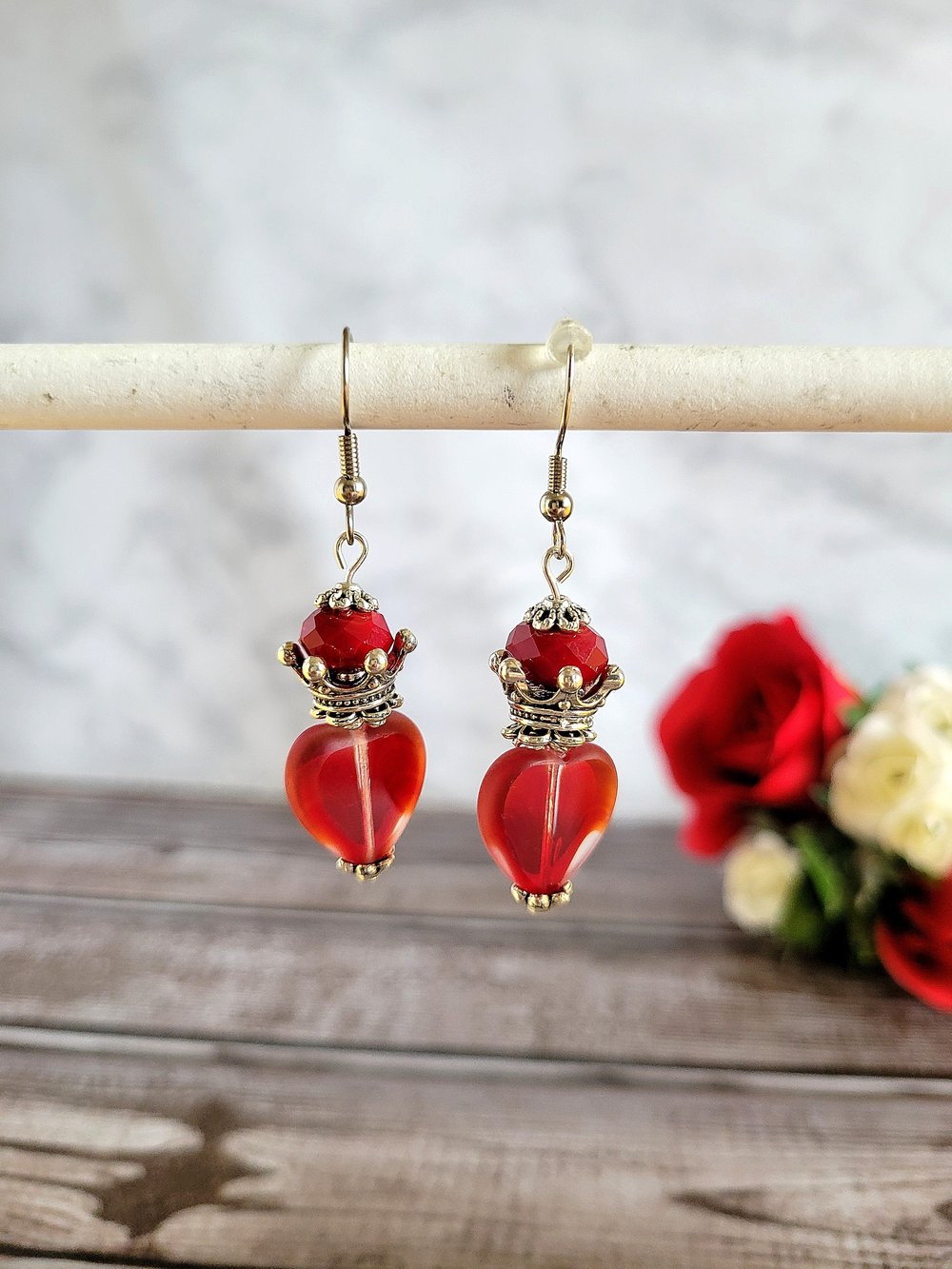 Image of Red Heart and Crown Claddagh-Inspired Earrings