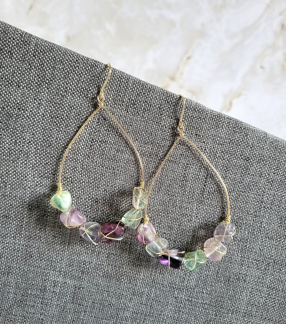 Image of Gold Wire-Wrapped Fluorite Nugget Teardrop Earrings